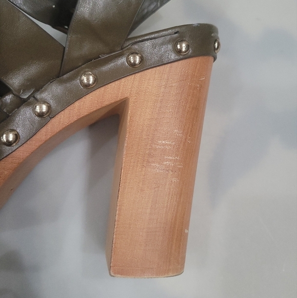 Leather Nine West Cage Chunky Heel Sandals Sz 10 Army Green Fisherman Clogs - Picture 11 of 12